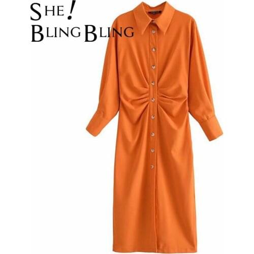 SheBlingBling Za 2021 Summer Autumn Wrist Sleeve Ruched Detail Women Casual Shirt Dress Traf Female Robe Midi Pencil Dresses