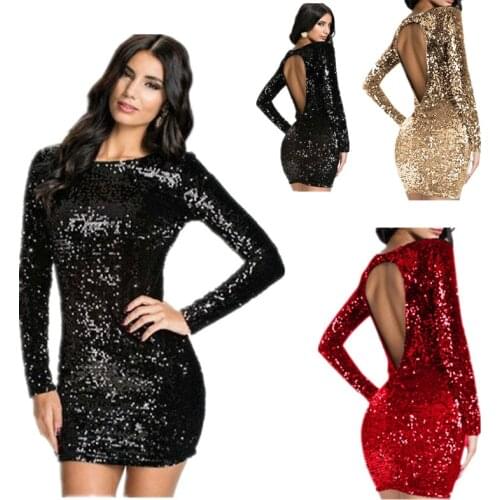 Sequin dress Sexy backless Women Long Sleeve Flapper Tight buttocks robe Club wear Party Dress woman clothes Red Black outfits