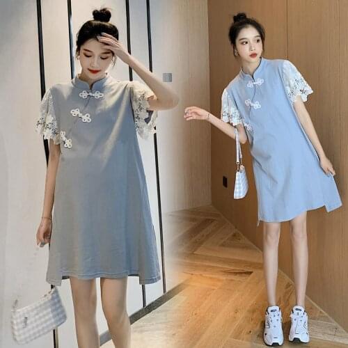 1393# Maternity Clothes Summer Cotton button Chinese Style Short Sleeve Loose Stylish Dress for Pregnant Women Mom Dress
