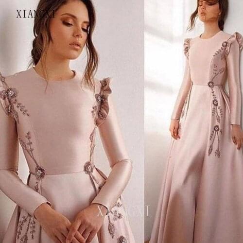 2020Muslim Evening Dresses Long Satin A-Line Evening Dress Formal Gowns 3D Flower Embroidery Formal Gowns Party Dress Vestidos