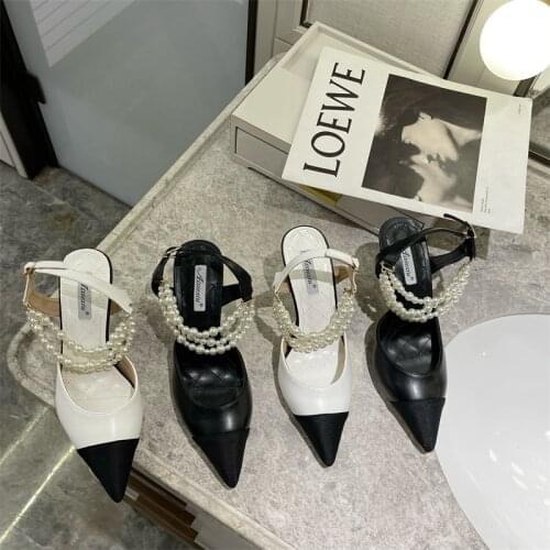 2021 Designer Shoes Women Slingback Pumps High Heels Pearls Sandals Pointed Toe Pumps