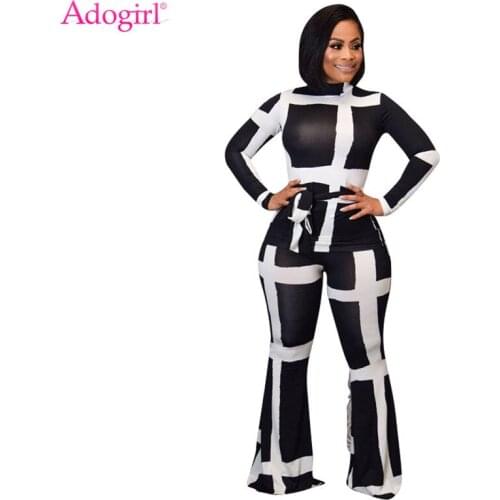 Adogirl Fashion Print Two Piece Set with Headband Sashes Mock Neck Long Sleeve T Shirt Top Flare Pants Women Fashion Casual Suit
