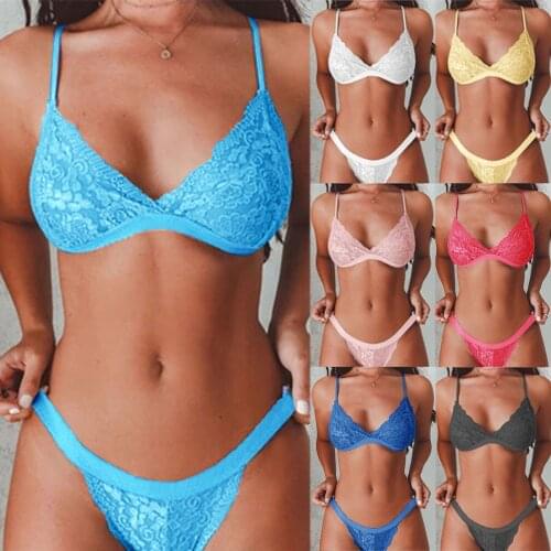 Bra Bralette Sujetador Womens Sexy Lingerie Set Floral Print Lace Solid Color Spaghetti Juego de lencería Underwear 2021 Yellow