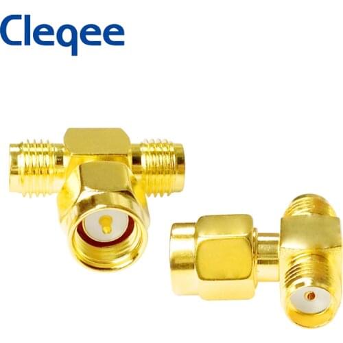 Cleqee T Type SMA Male Plug to 2 SMA Female Jack Adapter RF Coaxial Connector 3 Way Splitter Antenna Converter Gold-Plated Brass