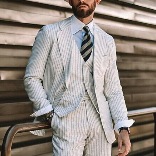 Formal Striped Men Suits Slim Fit Tuxedo Groom Suits For Men Wedding Prom Blazer Coats Notch Lapel 3 PCS Jacket & Vest & Pants