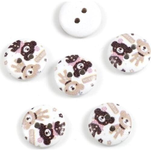 100 PCs Wood Sewing Buttons Scrapbooking Two Holes Round White & Brown Bear Sewing Decorations DIY Craft Supplies 15mm Dia