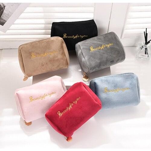 Women Velvet Comestic Bag Travel Large Zipper Make Up Bag Solid Color Female Makeup Pouch Travel Holder Bag Necessaries