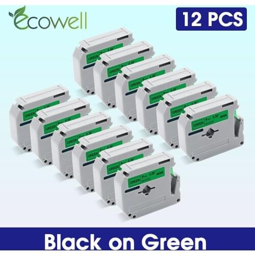 Ecowell 5/12Pcs Label tapes MK-721 For Brother MK721 MK 721 M-K721 9mm*8m printer ribbon Black on Green for PT-45M PT-100 PT-110
