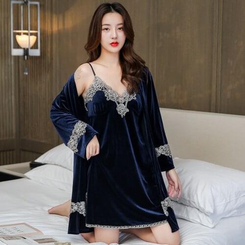 Women Kimono Bathrobe Gown Velvet 2PCS Robe Set Autumn Sleepwear Casual Sleep Set Velour Lace Trim Home Wear Sexy Nightwear