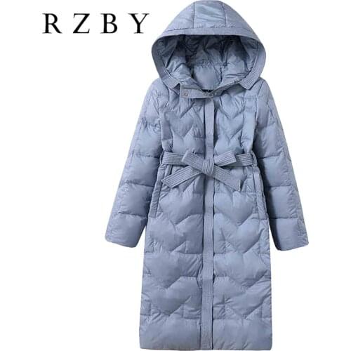 Women Long 100% White Duck Down Coat Lace Up Warm Hooded куртка женская Winter Solid Parka Fashion Casual пальто женское RZBY586