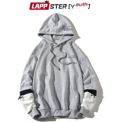 LAPPSTER-Youth Patchwork Hooded Hoodies Mens 2020 Women Korean Kawaii Oversized Sweatshirts mens Loose Fashions Grey Clothing