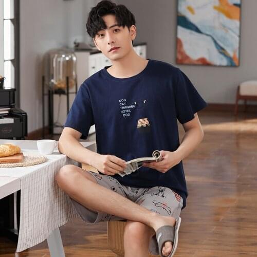 Summer Coll Blue Short Sleeve Men Pajamas Set Cotton Casual Boy Homewear Funny Cartoon Cats Printing Round Neck Sleepwear Male