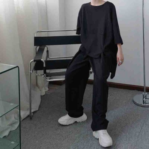Oversize T-shirt dark black Korean Harajuku loose bat sleeve T-shirt summer mens short sleeve Yamamoto style BF