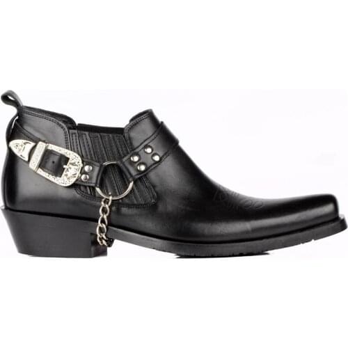 FootCourt- Black Western Ankle Boots For Men Genuine Leather Bandit Toe Cowboy Shoes Buckle Spring Autumn Shoes Handmade Shoes