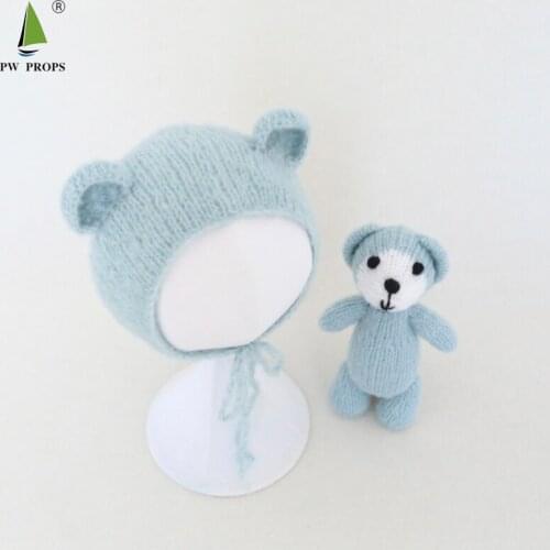 Teddy Bear Bonnet Toy Set Knit Animal Hat and Stuffer Newborn Baby Photography Props