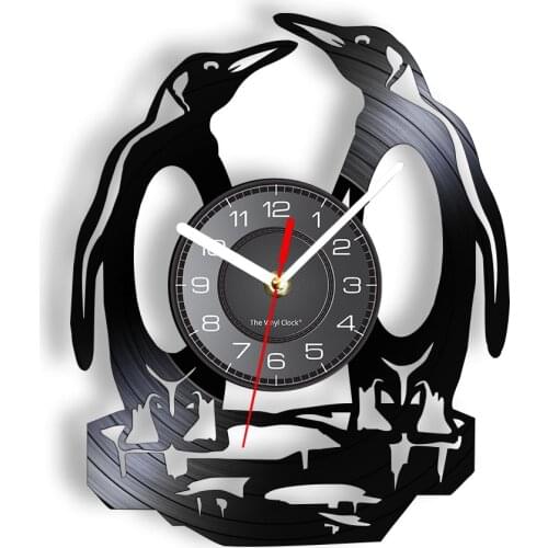 South Pole Lovely Penguins Wall Clcok Made Of Real VInyl Record Iceworld Polar Animal Wall Watch Non-Ticking Kids Nursery Decor