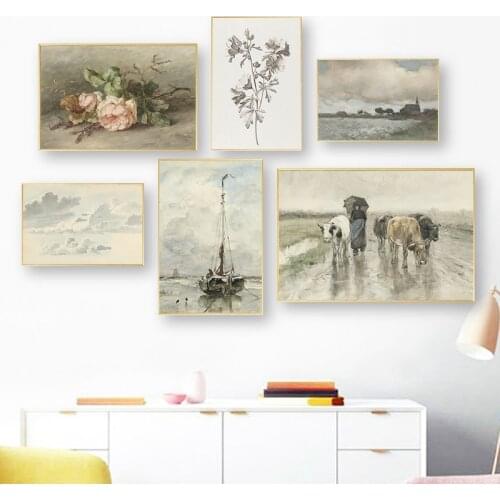 Neutral Warm French Farmhouse Oil Painting On Canvas Posters Vintage Gallery Wall Art Prints Pictures for Living Room Decoration