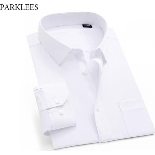 White Twill Work Shirts Men 2020 Long Sleeve Mens Dress Shirts Casual Button Up Chemise Homme Solid Cosy Breathable Camisas 44