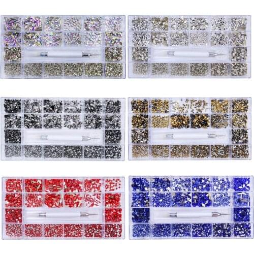 Swarovsky 6 Models Mixed AB Glass Crystal Diamond In Grids 20 Shape Flatback Nail Art Rhinestone Set With 1 Pick Up Pen