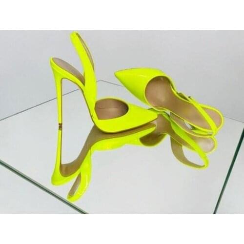 Sexy Patent Leather Slingback Pumps Pointed Toe Neon Blue Black Pointy Toe Stiletto Heels Dress Shoes 12cm Shallow Party Shoes