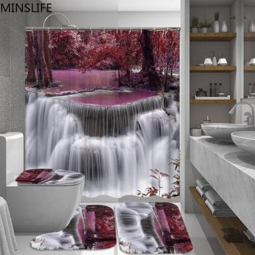 Waterproof Red Maple Tree Waterfall Shower Curtain Set Bathroom Curtains Carpet Non-slip Mats Pedestal Rugs Toilet Seat Cover