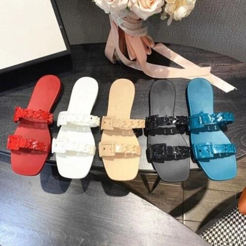 2021 Spring/summer New Slippers Women Fashion All-match Casual PVC Chain Square Toe Beach Non-slip Ins Slides Sandals