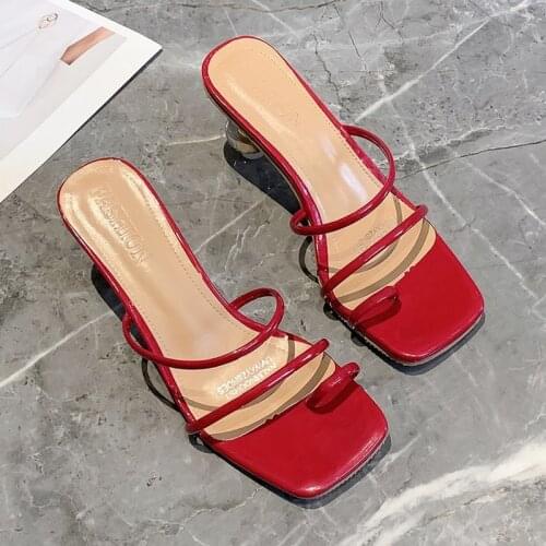 2021 Summer Women Sandals Slides High Square Block Heel Slippers Black White Red Casual Peep Toe Outdoor Slip-on Lady Sandals 43