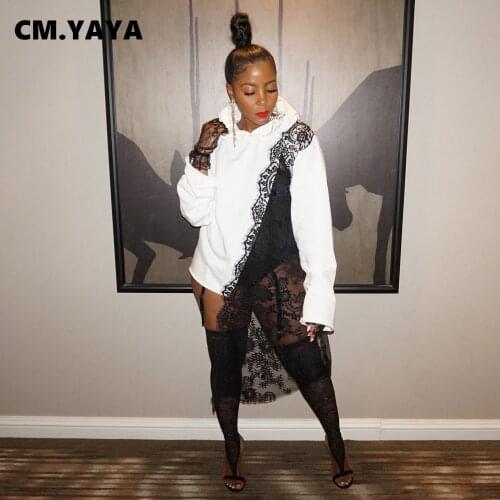 CM.YAYA Women Hoodies Lach Patchwork Asymmetrical Straight Tops Fashion Hooded Sweatshirts Casual Streetwear Autumn Clothing