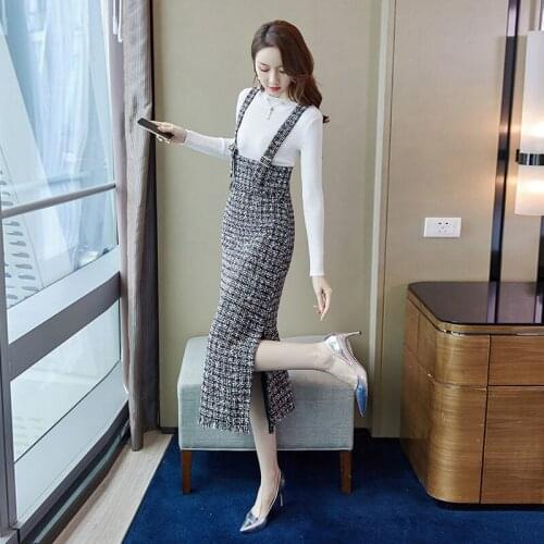 Women Two Piece Dress Sets Women Autumn Winter Sweater Pullover and Plaid Wool Long Dresses Elegant Female Party Vestidos H71