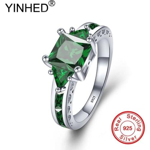 YINHED 100% 925 Sterling Silver Jewelry Ring Square Cut Green Cubic Zirconia Engagement Wedding Rings for Women Size 5-11 ZR534
