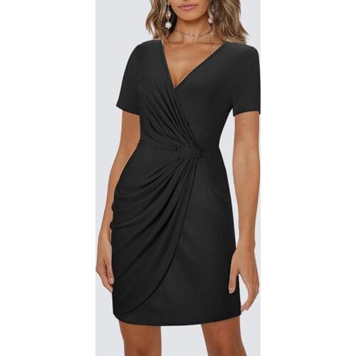 Women Summer Casual Pure Color Short Sleeve V Neck Folds Loose Straight Mini Dress HB625