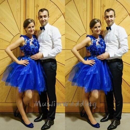 Sexy Short Royal Blue Prom Dresses With Florals Beautiful O Neck A Line Night Evening Dress 2020 Dance Party Prom Dress Cheap