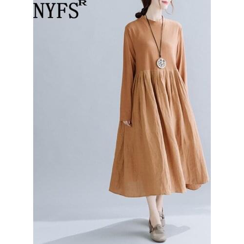 NYFS 2021 New Autumn Dress Vintage Solid Woman Dress Loose Big Hem Long Dress Vestidos Robe Elbise