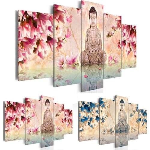5 Pieces Modern Magnolia Flower Buddha Wall Decor Buddhism Art Oil Painting Print On Canvas Home Decor Canvas Painting Picture