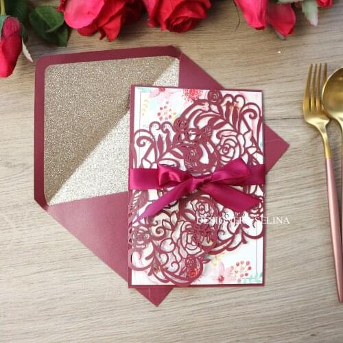 50pc Burgundy Floral Laser Cut Wedding Invitations with Burgundy Ribbon and Glittery Envelope Quinceanera Party Invites