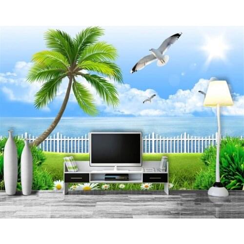 Photo mural wallpaper Blue sky white sea view white pigeon coconut tree room living room background wall 3d wallpaper Beibehang