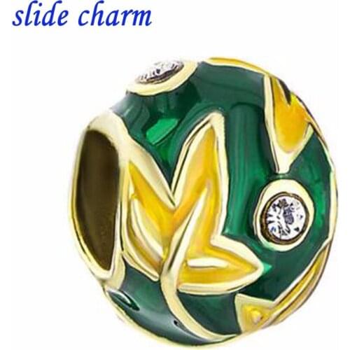 Slide charm Free shipping white crystal porcelain enamel yellow maple leaves green eggs charm beads fit Pandora bracelet