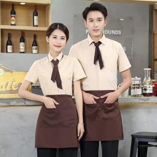 Hotel Working Clothing Men and Women Coffee Shop Short Sleeve Waiter Uniform+Apron Set Western Restaurant Fashion Workwear Sales