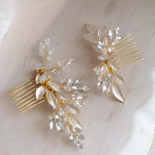 Gold Opal Wedding Hair Comb Rhinestone Hair Clip-Flower Hair Comb Handmade Bridal Hair Accessories for Bridal and Bridesmaid