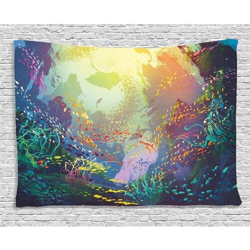 Art Tapestry Sea Animals Decor Underwater with Coral Reef and Colorful Fish Aquarium Artistic Home Art Dorm Wall Hanging