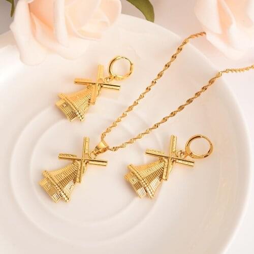 Fine Solid Yellow Gold Finish windmill Pendant Necklace earrings Holland Traditional bridal souvenir Jewelry Gift NEW