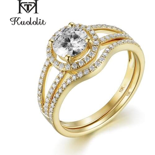 Kuololit 1ct Natural moissanite 10k Solid gold Rings for Women VVS D Solitaire Yellow gold set ring for wedding band Engagement