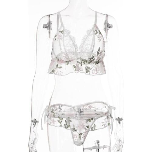 Women Sexy Lingerie Set Transparent Floral Push Up Bra Panty Garter Belts Erotic Temptation Sensual Underwear сексуальное белье