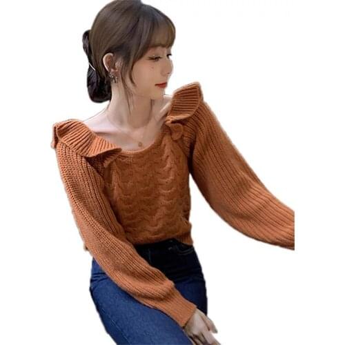 Korean Fashion Ruffled Lace-Up Backless Bow Knitted Slim Short Sweater Pullover For Women Long-Sleeved Top 2021 Autumn New