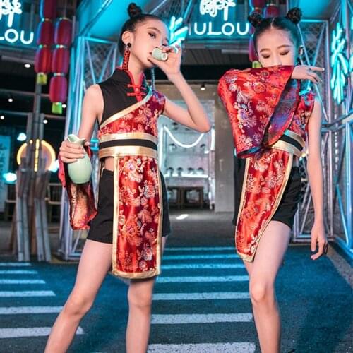 Hip-Hop Dance Costume Kids Chinese Style Stage Outfits Performance Dance Clothes Jazz Street Dance Wear 110-170CM