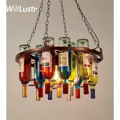 Creative Glass Pendant Lamp Retro Wine Bottle Suspension Light Hotel Restaurant Bar Loft Cafe Bistro Industrial Iron Lighting