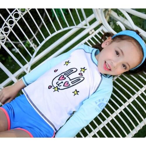 Girls Long Sleeve Swimsuit UPF 50+ Rashguard 3-10 Years Set of 3 piece Kids Swimming Suit Swimwear Blue White Shirt Shorts Cap