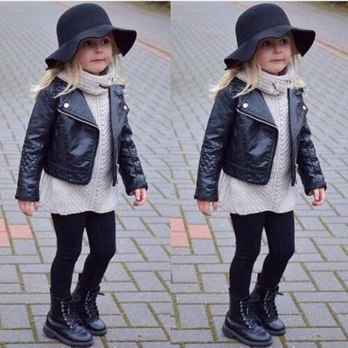 2019 Spring Winter Fashion New Baby Kids Cool PU Leather Jacket Turn Down Collar Black Solid Boys Girls Coat Size 1-5Years