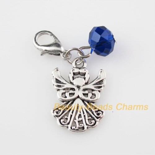 Fashion 5Pcs Tibetan Silver Angel Charms Pendants Blue Crystal Beads Lobster Clasp