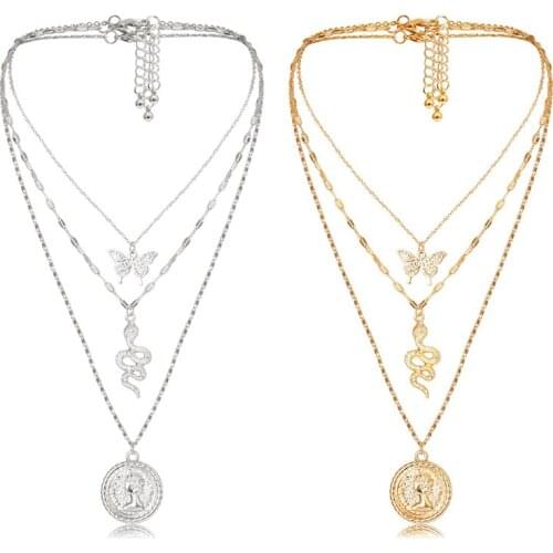 Multi-Layer Butterfly Snake Coin Pendant Choker Necklace Gold Silver-Color Long Chain Punk Necklace For women Girl Party Jewelry